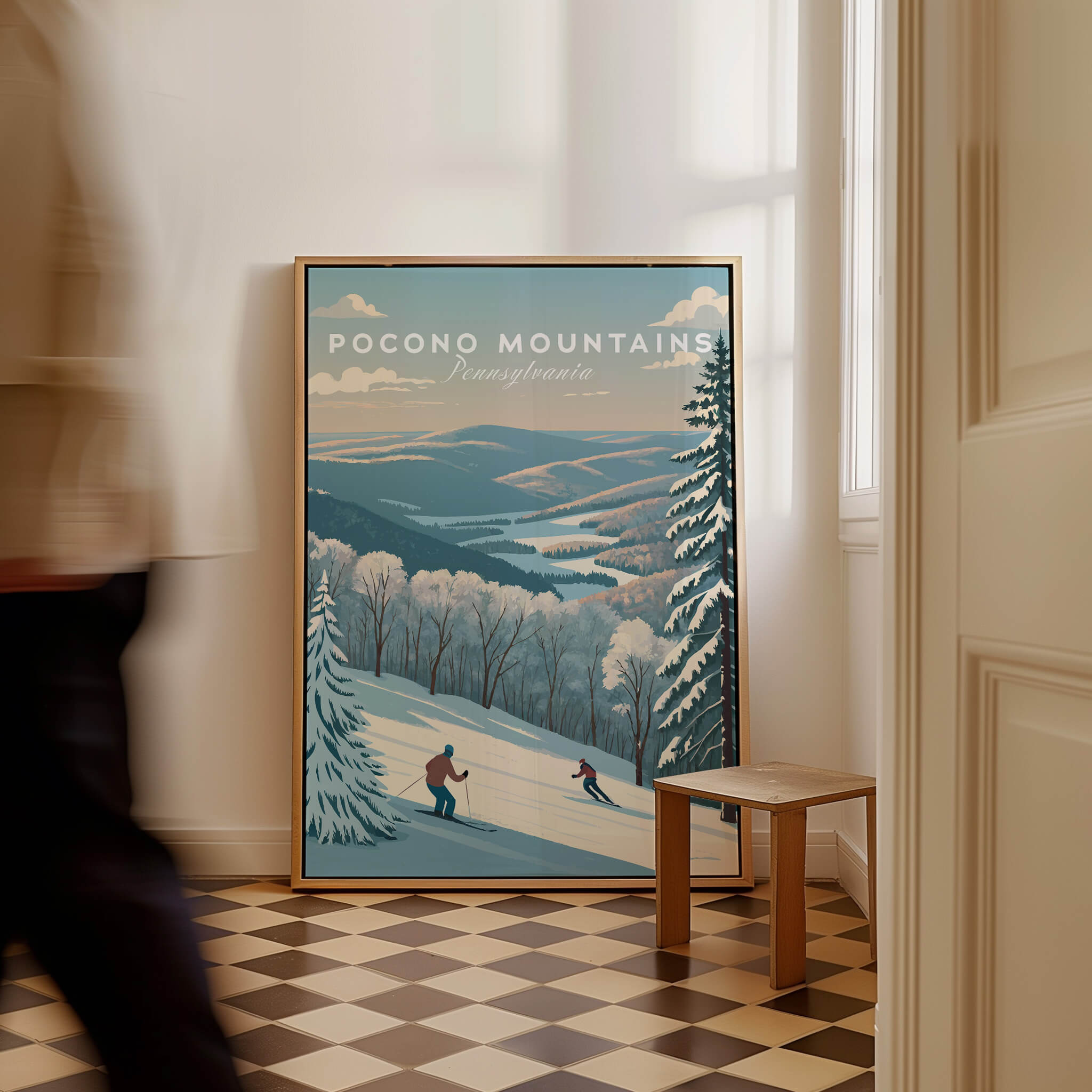 Pocono Mountains Pennsylvania Ski Run Poster - Winter Mountain Art Print displayed in a cozy interior setting.