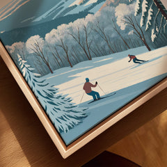 Pocono Mountains Pennsylvania Ski Run Poster - Winter Mountain Art Print showcasing skiers on a snowy slope with trees.