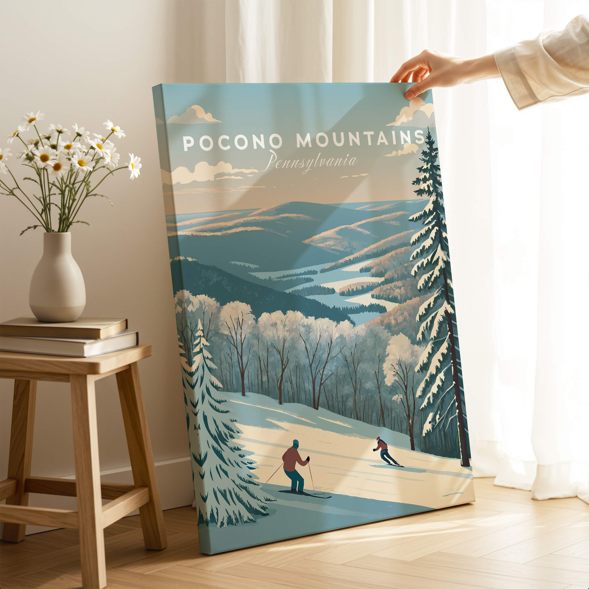 Pocono Mountains Pennsylvania Ski Run Poster - Winter Mountain Art Print showcasing skiers and winter scenery.