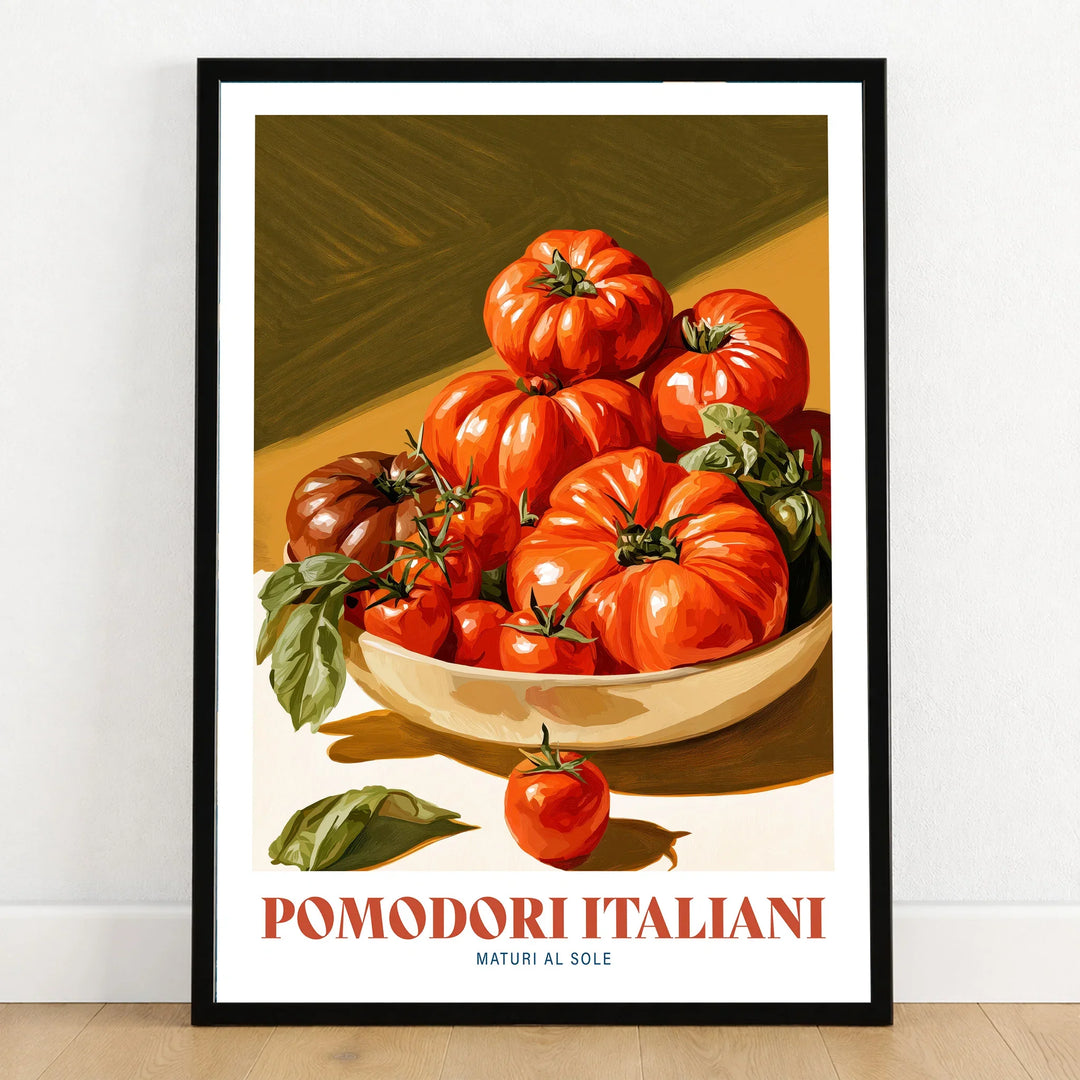 Italian Tomatoes Kitchen Wall Art - art print in black frame on wooden floor