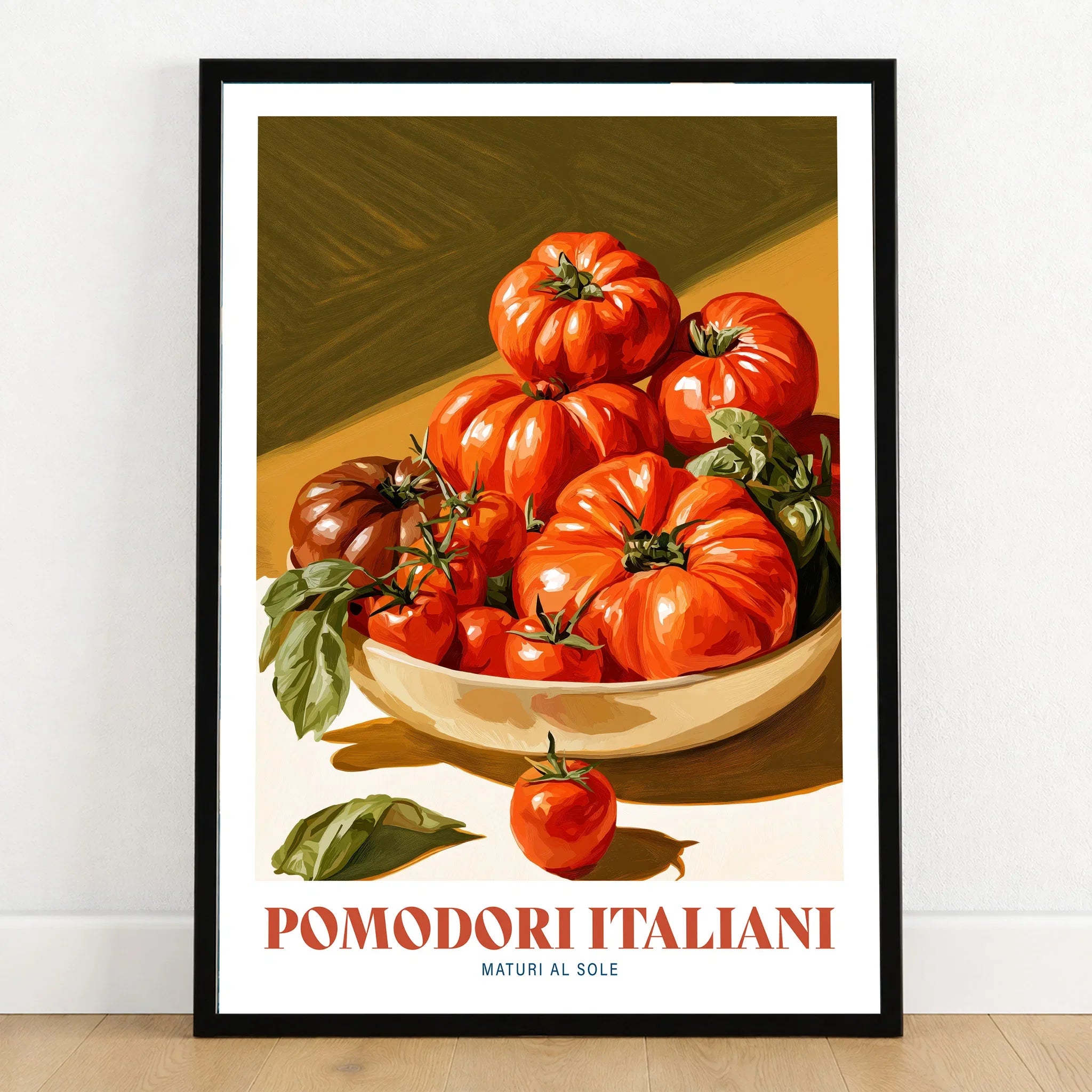 Italian Tomatoes Kitchen Wall Art - art print in black frame on wooden floor
