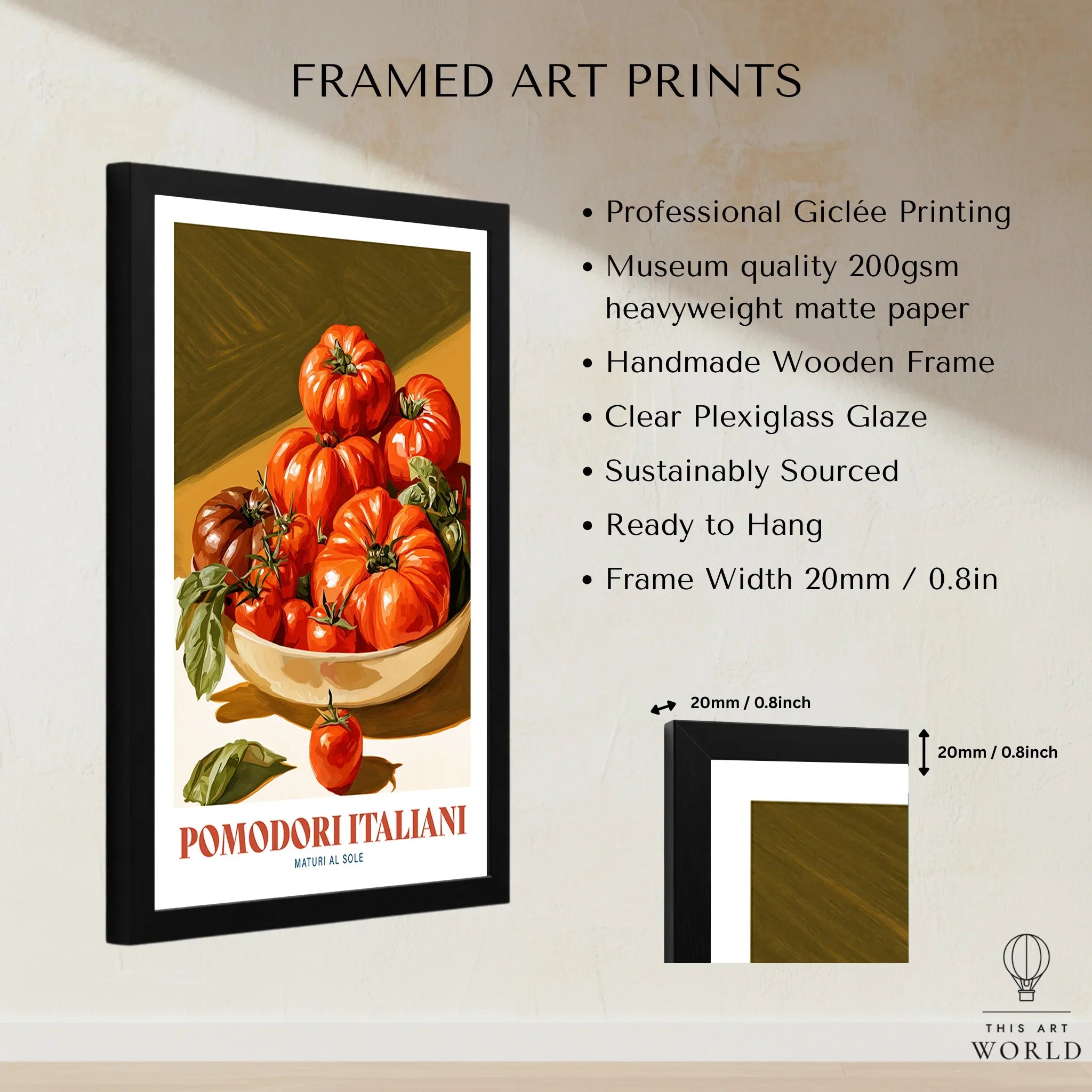 Italian Tomatoes Kitchen Wall Art - framed print details measurements quality details