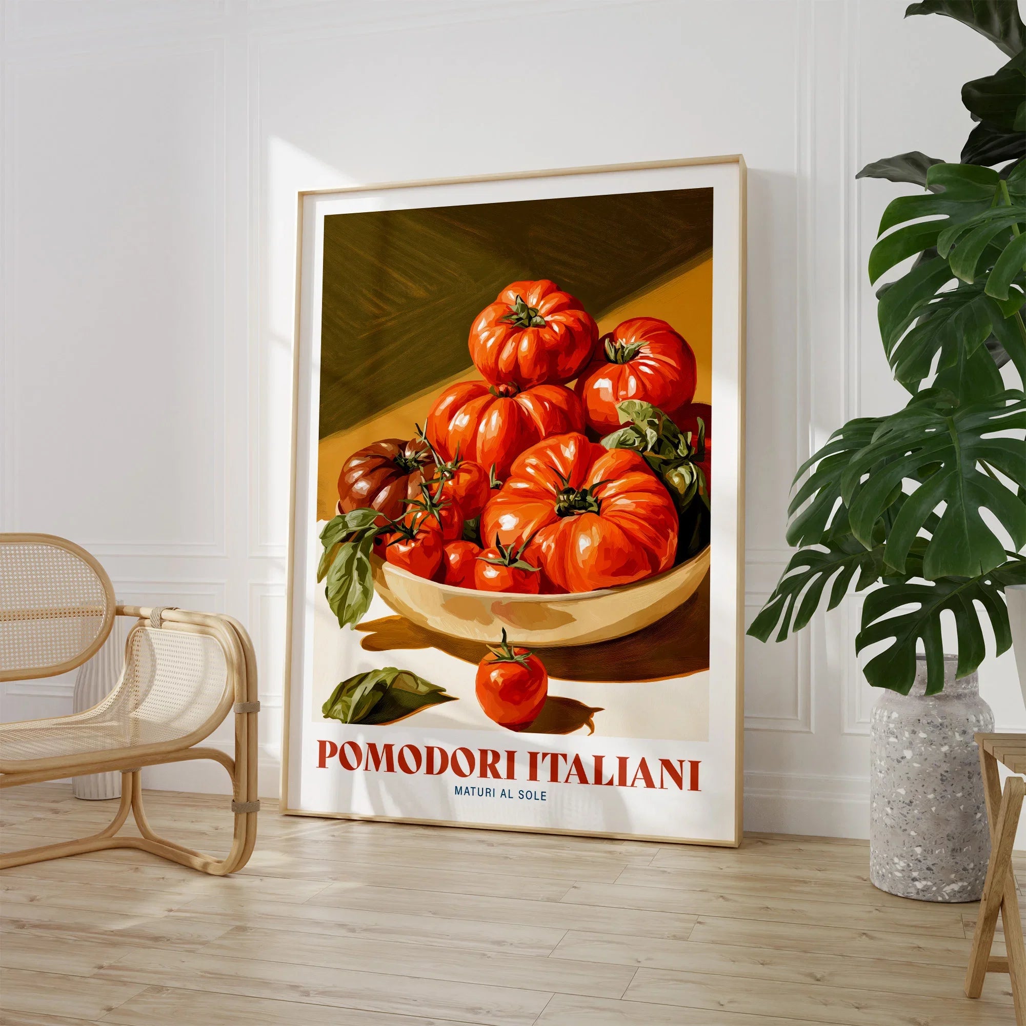Italian Tomatoes Kitchen Wall Art - large framed print room setting chair plant