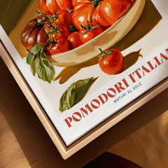 Italian Tomatoes Kitchen Wall Art - closeup framed canvas natural wood floating frame