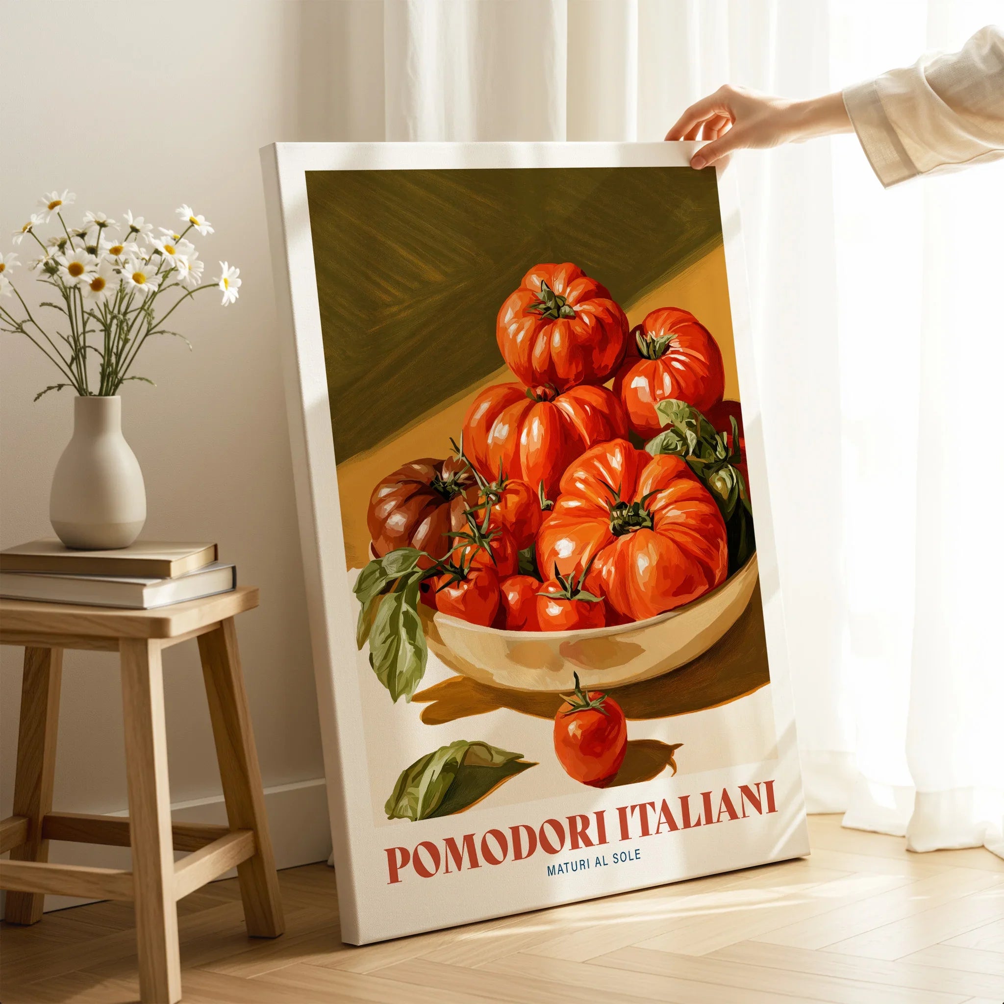 Italian Tomatoes Kitchen Wall Art - canvas print mirror edge hand holding room setting