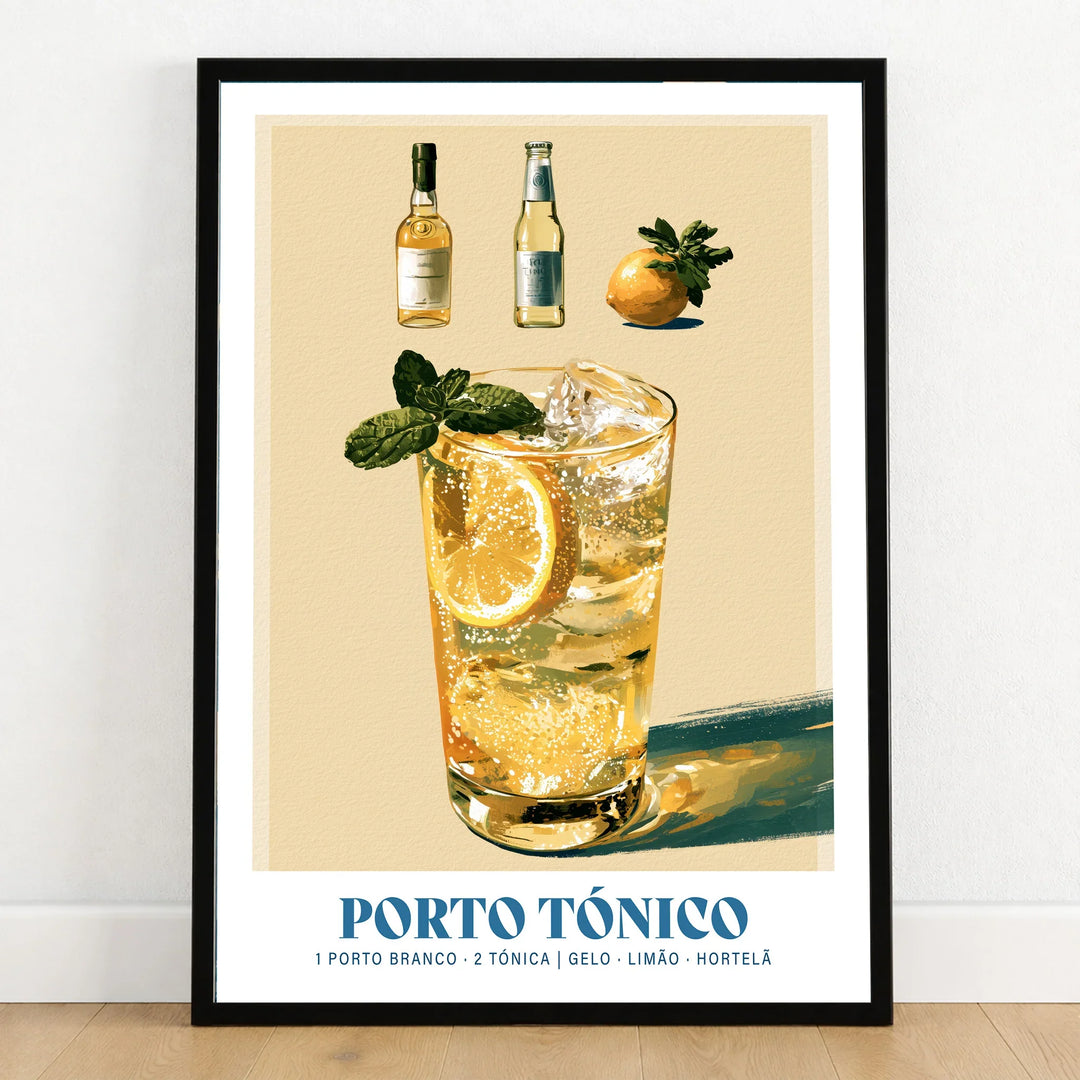 Porto Tonico Portuguese Cocktail Poster - art print in black frame on wooden floor