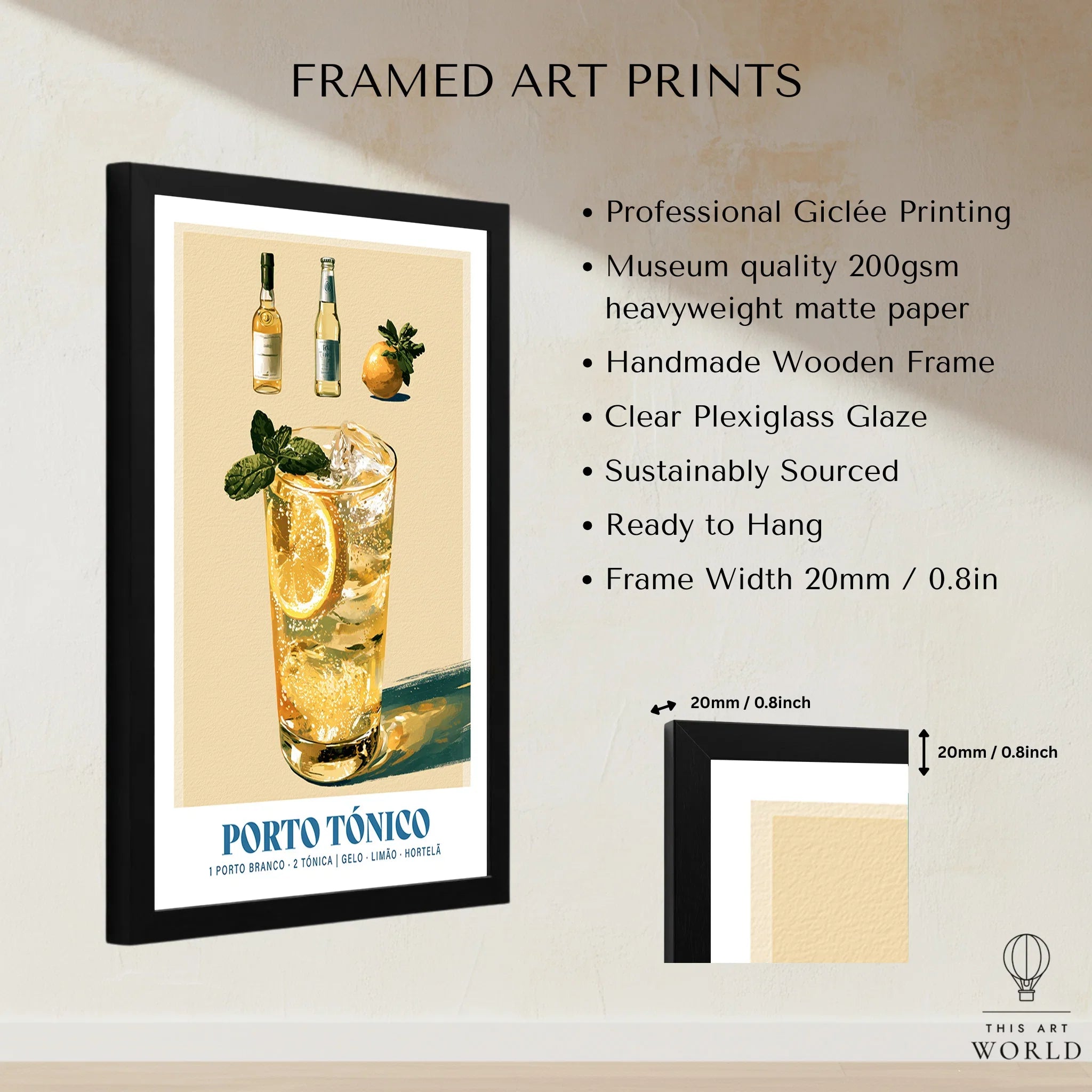 Porto Tonico Portuguese Cocktail Poster - framed print details measurements quality details