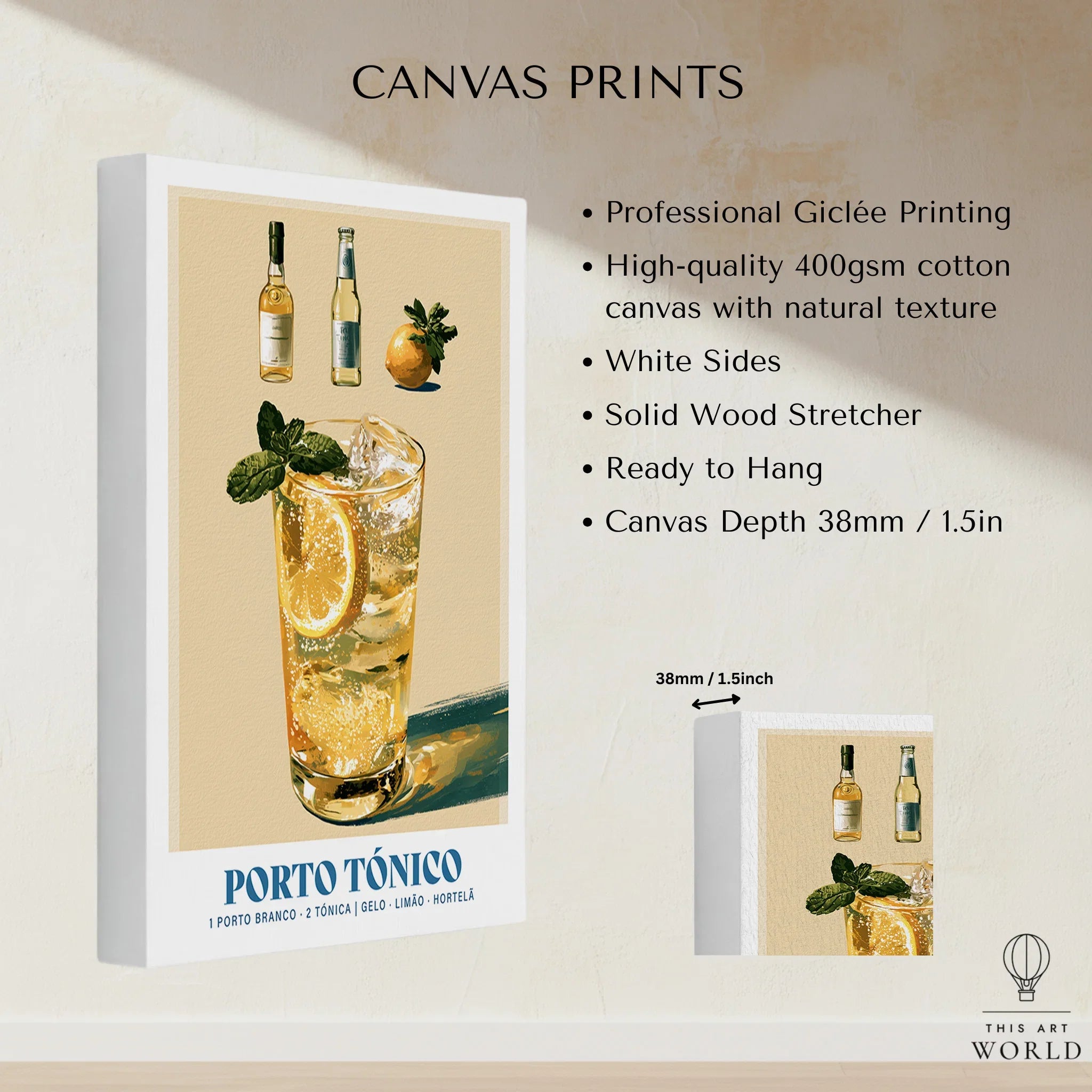 Porto Tonico Portuguese Cocktail Poster - canvas print stretched cotton canvas details