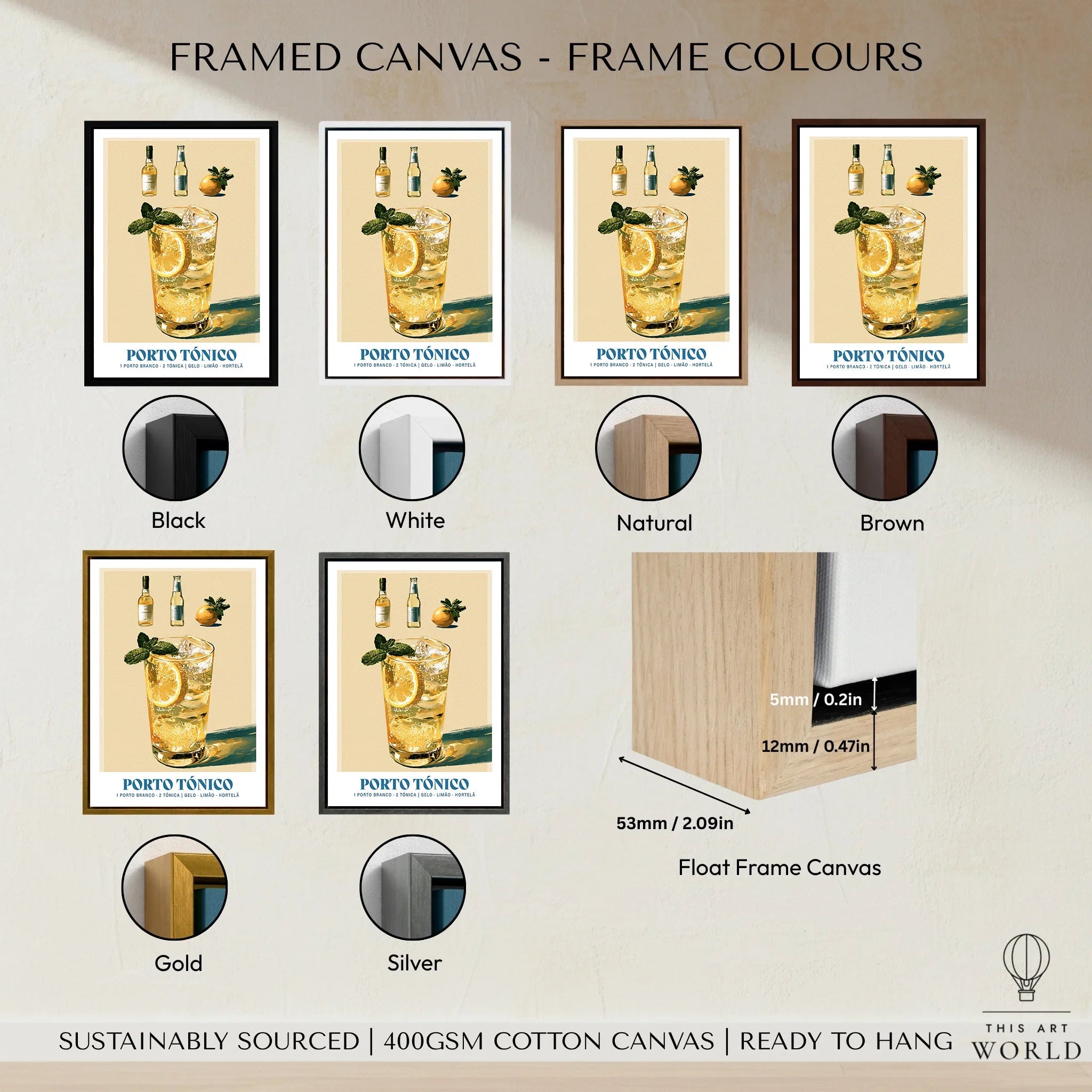 Porto Tonico Portuguese Cocktail Poster - framed canvas float frame colour options