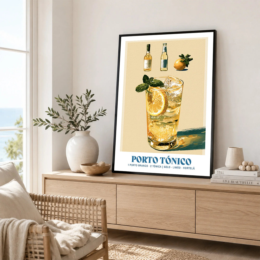 Porto Tonico Portuguese Cocktail Poster - framed artwork living room lifestyle setting