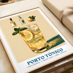 Porto Tonico Portuguese Cocktail Poster - framed art print closeup gift unwrapped natural frame