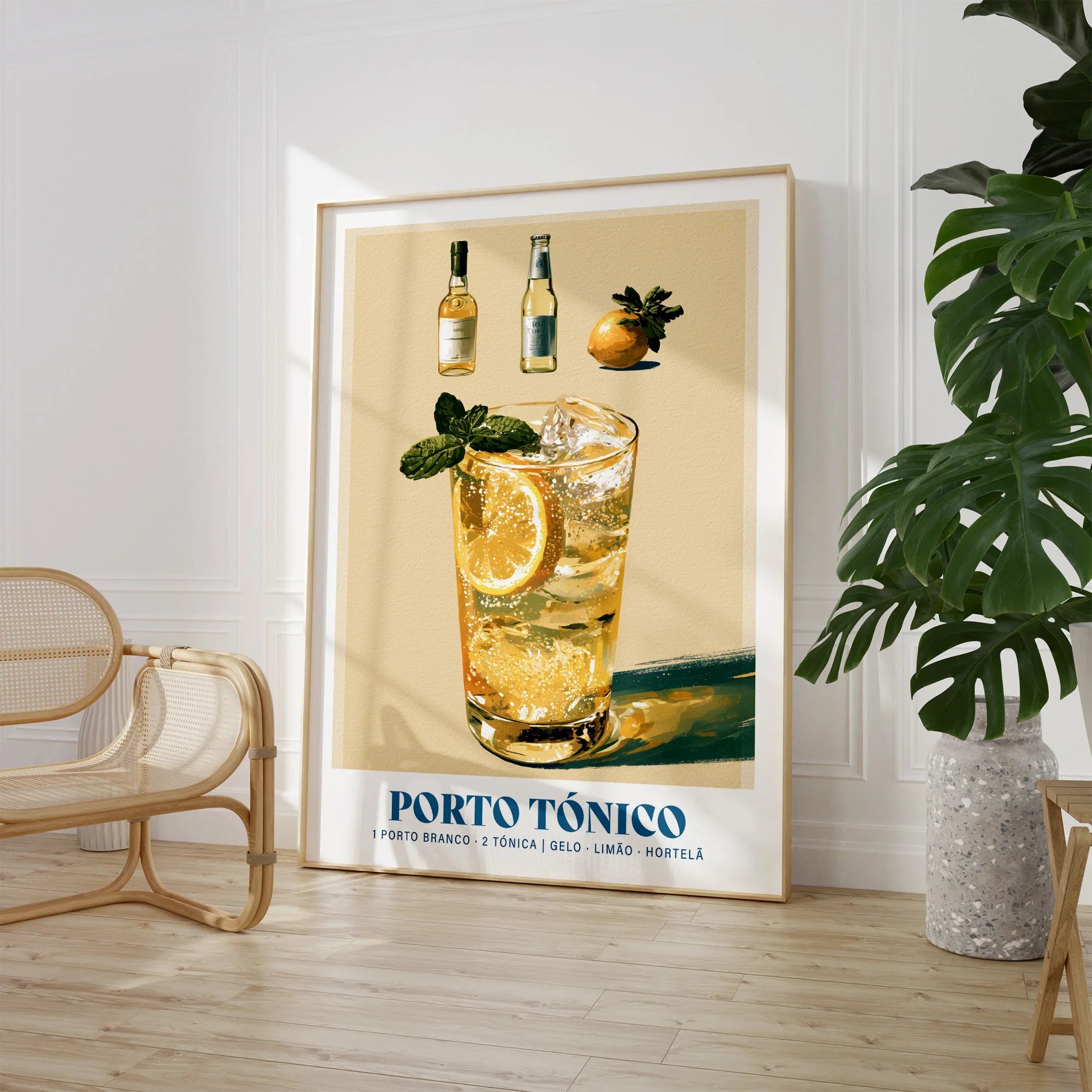 Porto Tonico Portuguese Cocktail Poster - large framed print room setting chair plant
