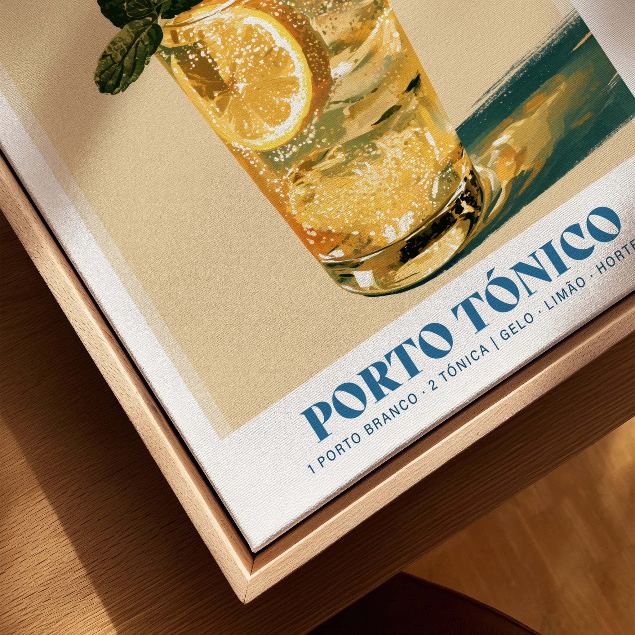 Porto Tonico Portuguese Cocktail Poster - closeup framed canvas natural wood floating frame