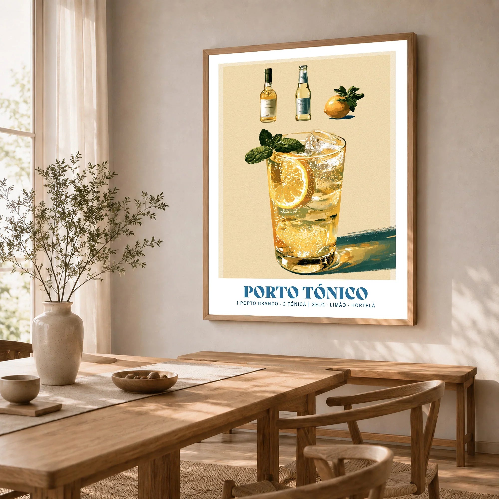 Porto Tonico Portuguese Cocktail Poster - dining room framed print natural wood frame mockup ThisArtWorld