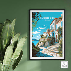Alonissos Greece travel poster print with coastal homes and vibrant blue sky, ideal for home decor.