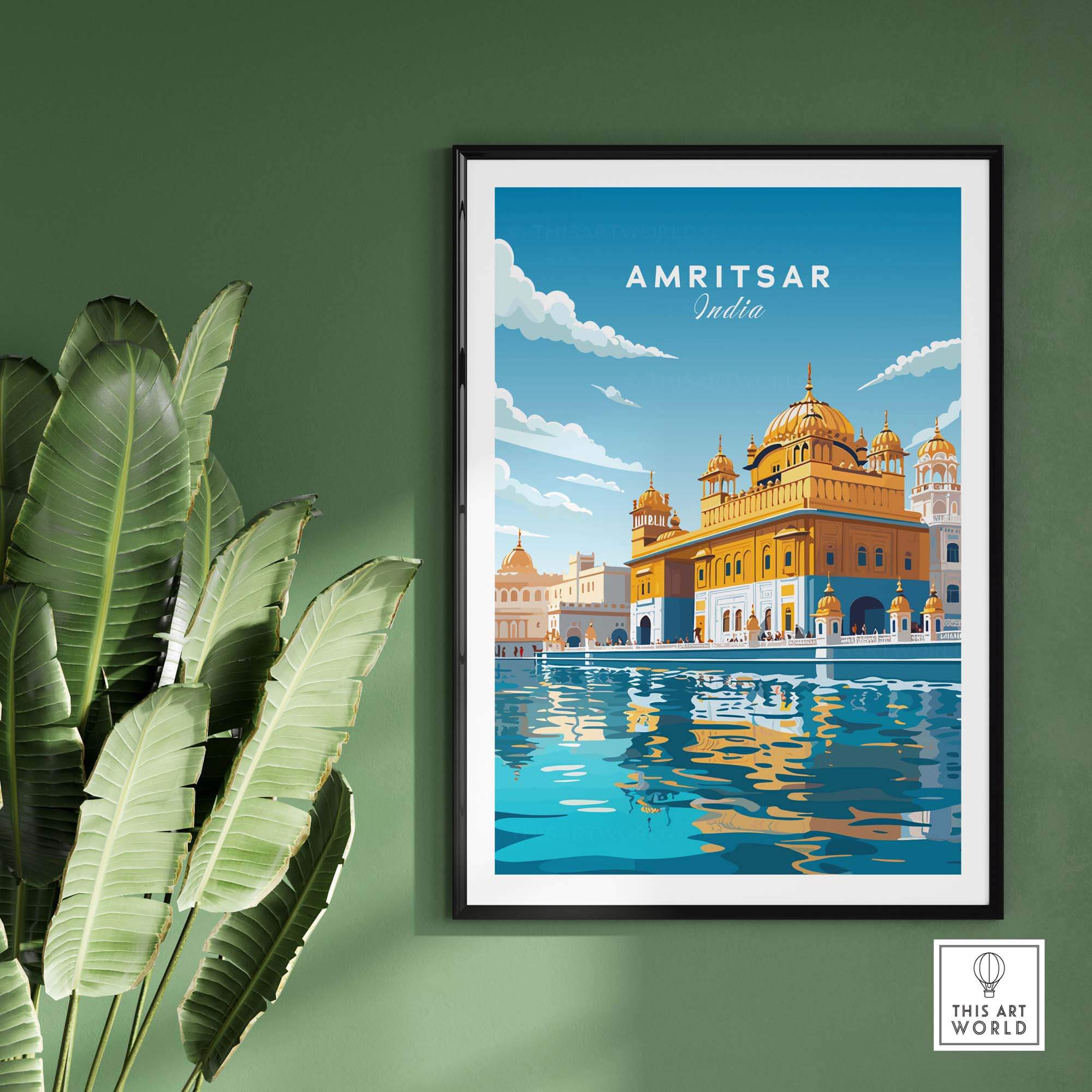 Amritsar India travel poster print featuring the Golden Temple reflecting in water, ideal for home decor.