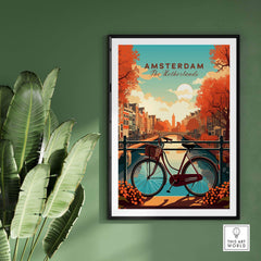 Amsterdam print featuring a bike by canals with autumn foliage, capturing Dutch charm in vivid colors.
