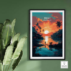 Bali Wall Art featuring a vibrant sunset and palm trees, perfect for home decor and gifts, showcasing Indonesia's beauty.