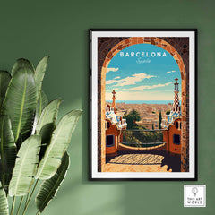 Barcelona Park Güell poster print featuring vibrant colors and intricate details, perfect for home decor.