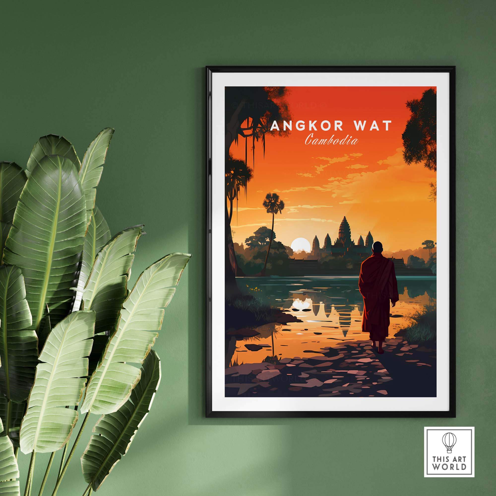 Angkor Wat Wall Art in vibrant sunset colors, perfect for home decor or a memorable gift from Cambodia.