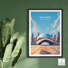 Chicago print featuring The Cloud Gate 'Bean' artwork with city skyline, ideal for home decor and gifts.