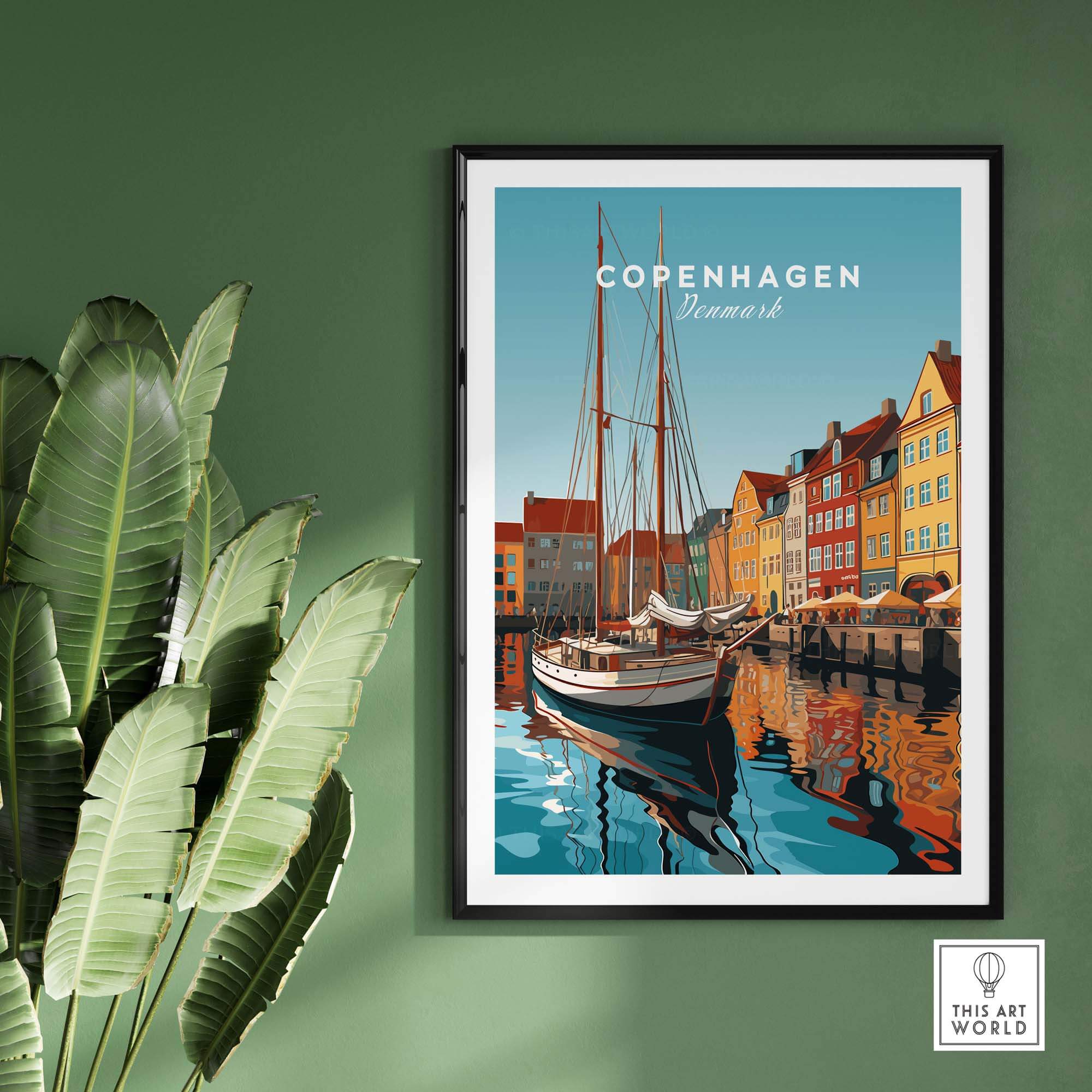 Copenhagen travel poster print featuring colorful buildings and a sailboat, adding a vibrant touch to home décor.