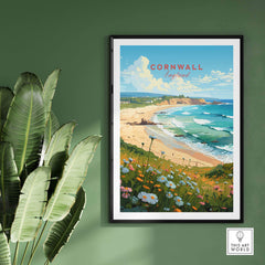 Cornwall art print showcasing a serene beach scene, perfect for adding a touch of coastal beauty to any wall.
