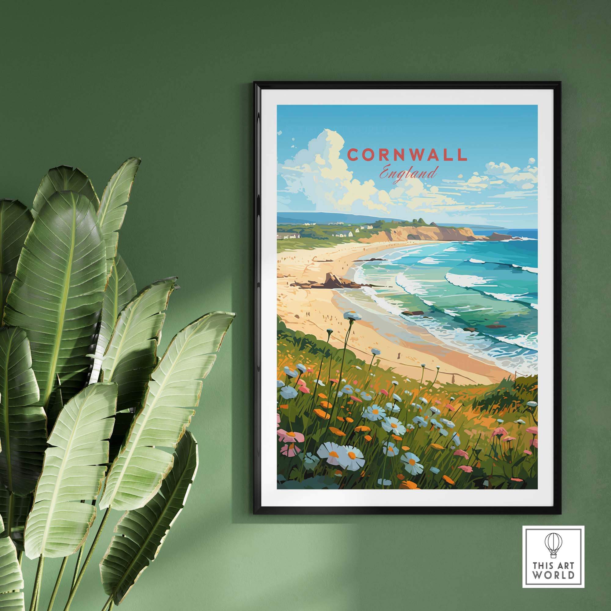 Cornwall art print showcasing a serene beach scene, perfect for adding a touch of coastal beauty to any wall.