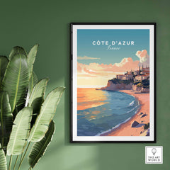 Vibrant Côte d'Azur travel poster print displayed on a green wall, capturing the stunning French coastline.