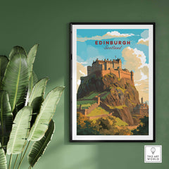 Edinburgh Poster Print featuring Edinburgh Castle in Scotland, vibrant wall art for travel enthusiasts.