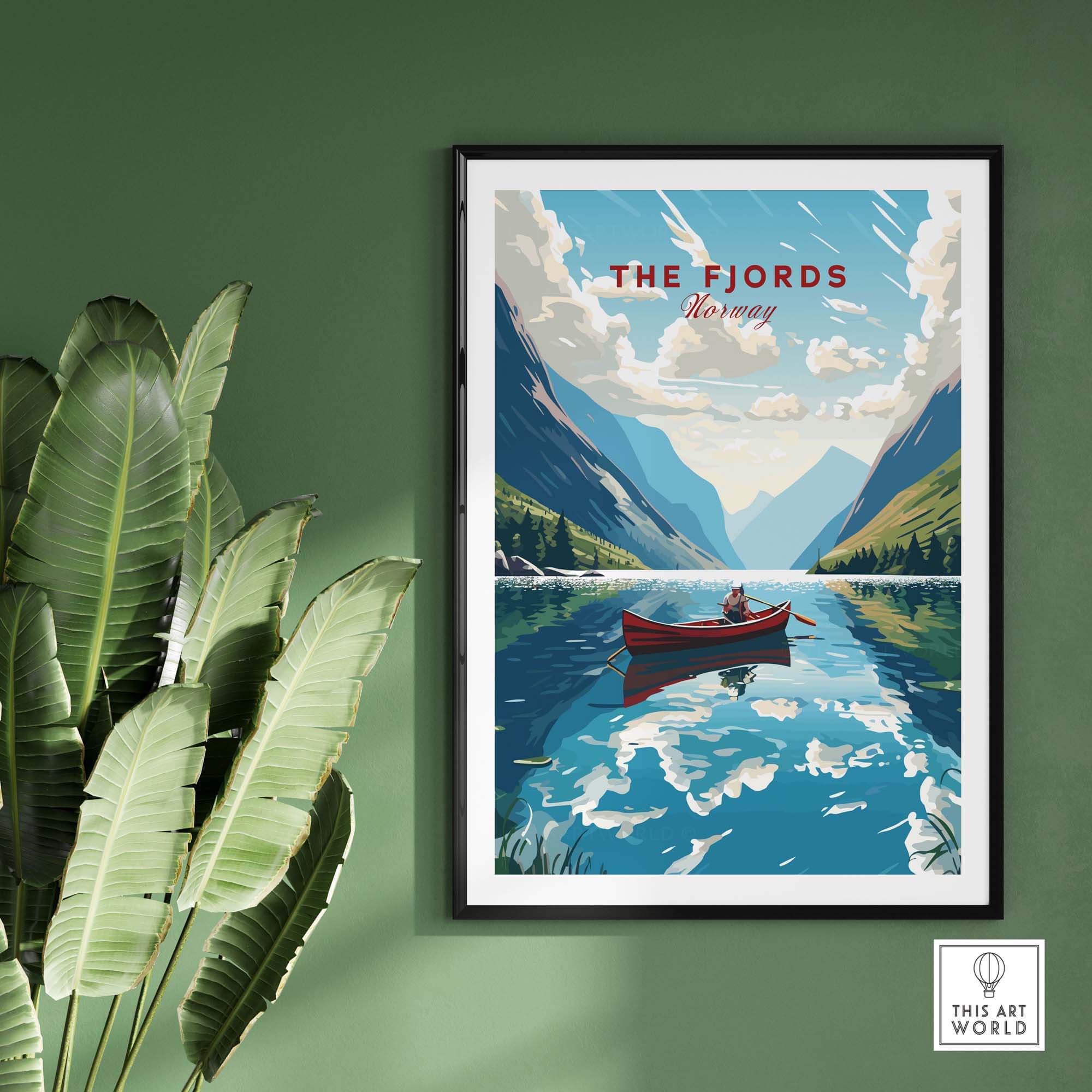Vintage-style Fjords Wall Art of Norway featuring a boat on tranquil waters, framed and displayed against a green wall.