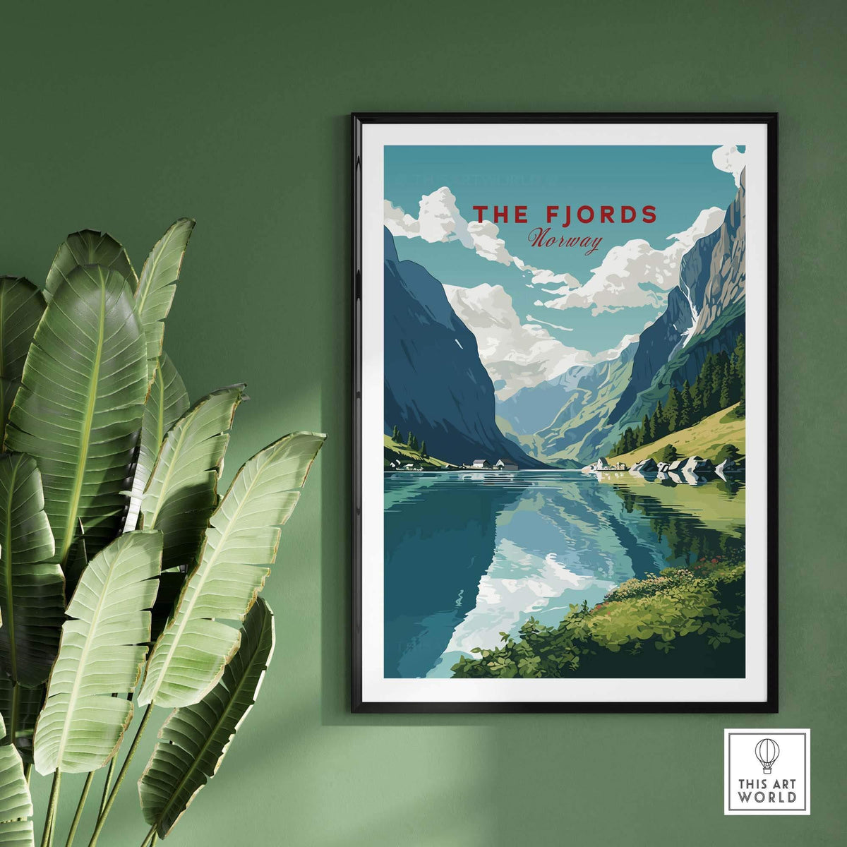 Norway Fjords travel poster featuring majestic mountains and serene waters, perfect wall art for home or office decor.