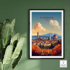 Florence Italy art print showcasing the Cathedral of Santa Maria del Fiore against a scenic backdrop with autumn foliage.