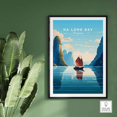 Ha Long Bay art print featuring a junk boat in turquoise waters, perfect for travel-inspired home decor.