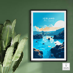 Blue Lagoon Iceland poster featuring vibrant blue water and scenic landscapes, perfect for home decor and travel enthusiasts.