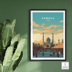 Karbala Iraq travel poster print showcasing the city's vibrant architecture, perfect for home decor.