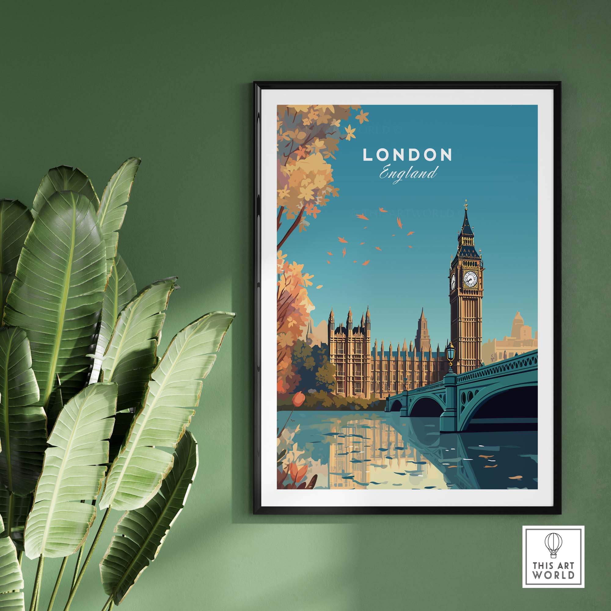 London Wall Art Print featuring Big Ben and iconic landmarks, vibrant colors perfect for decor or a thoughtful gift.