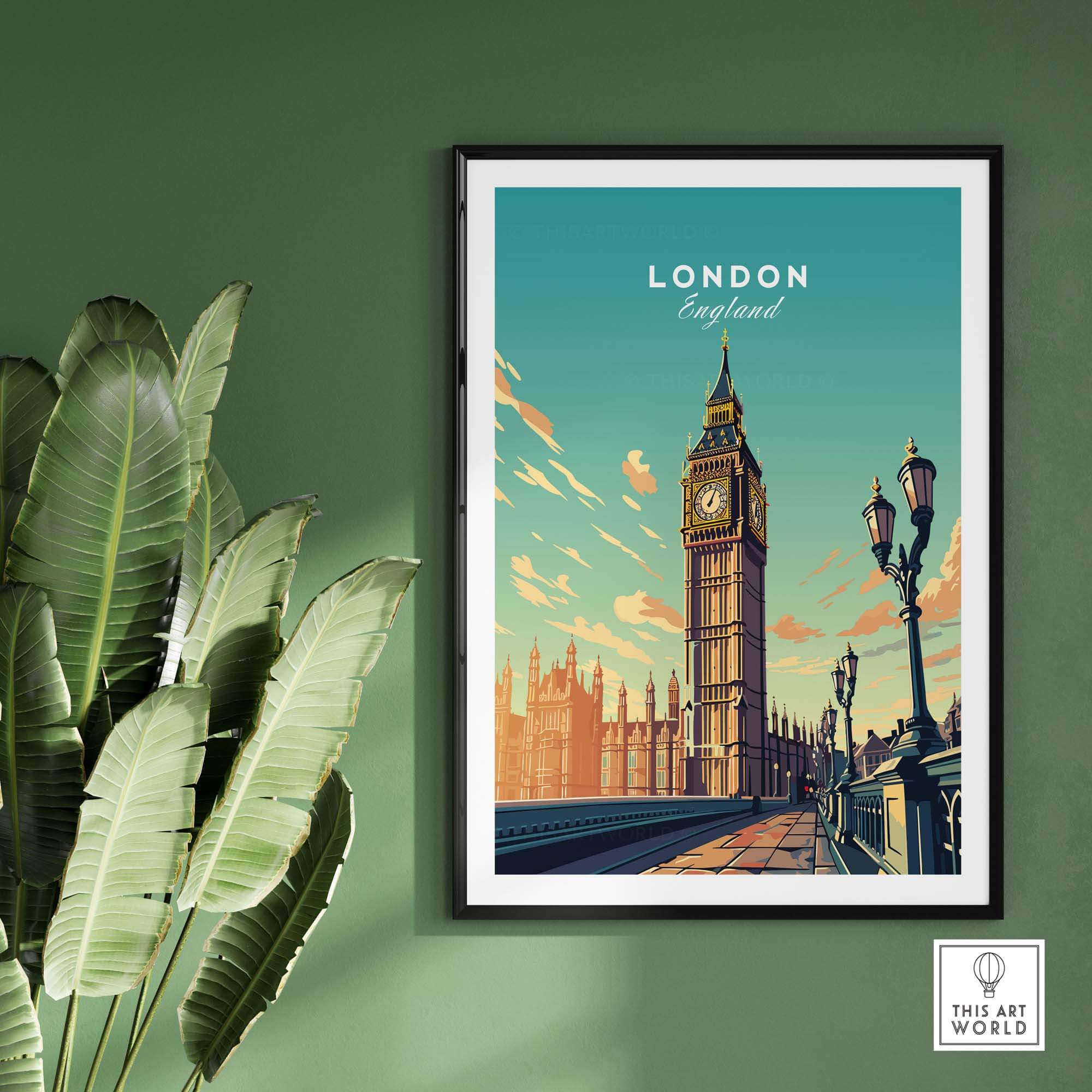 London poster featuring Big Ben and iconic cityscape, perfect for home decor and travel enthusiasts.