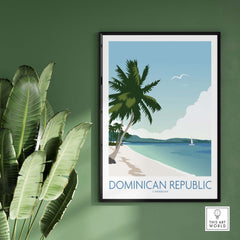 Dominican Republic wall art print featuring vibrant beach scene, palm trees, and sailboat, perfect for home decor.