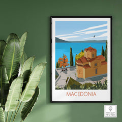 Macedonia Wall Art Print showcasing a beautiful landscape with a church and lake, perfect for home decor.