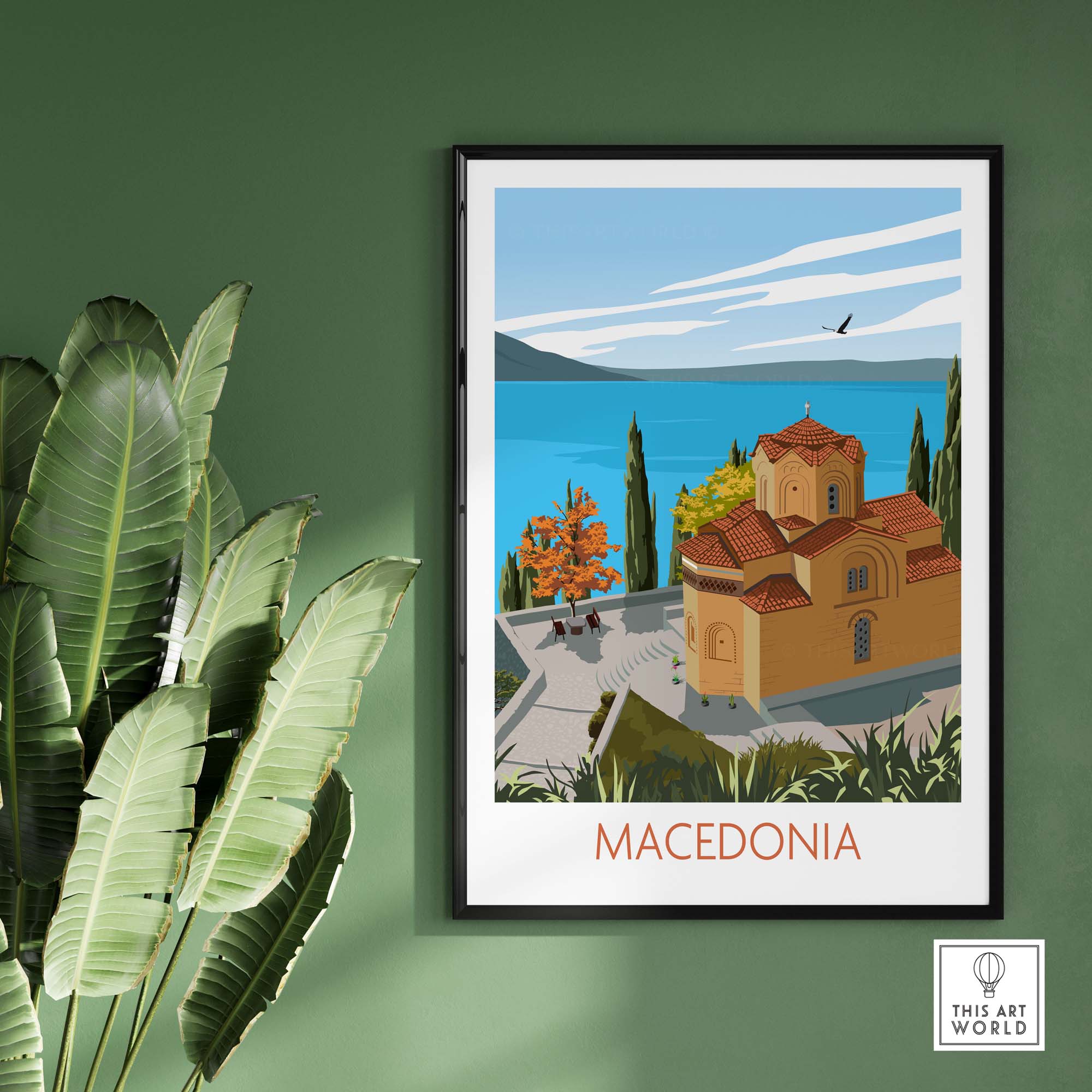 Macedonia Wall Art Print showcasing a beautiful landscape with a church and lake, perfect for home decor.
