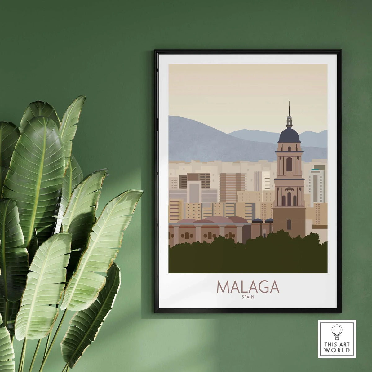 Malaga Wall Art Print showcasing the city skyline of Malaga, Spain, against a green wall with tropical plants.