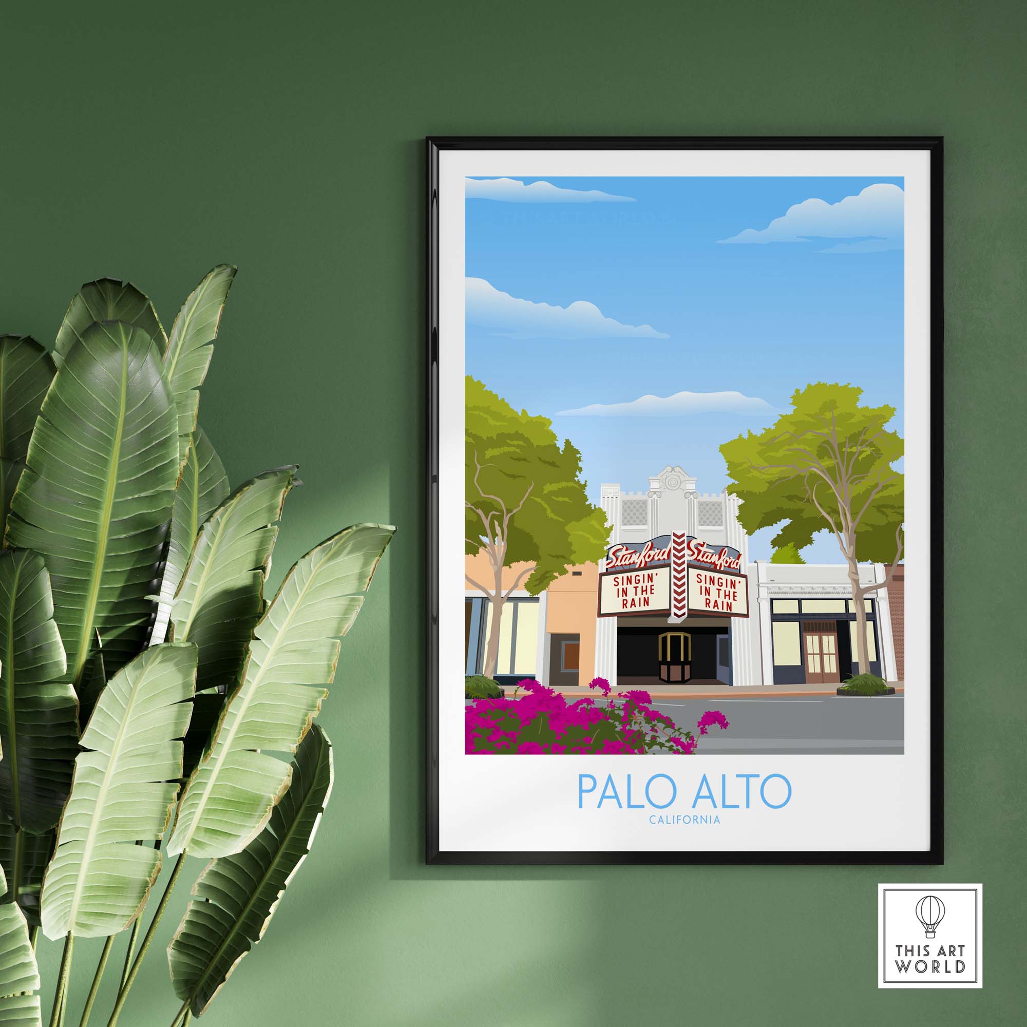 Framed Palo Alto Wall Art Print showcasing the historic Palo Alto Theatre with lush greenery.