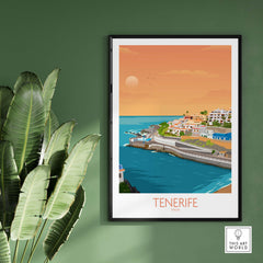 Tenerife Wall Art Print featuring coastal view and colorful buildings, perfect for home decor or gallery wall.