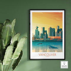 Vancouver wall art print featuring skyline illustration and water reflections, perfect for home decor.