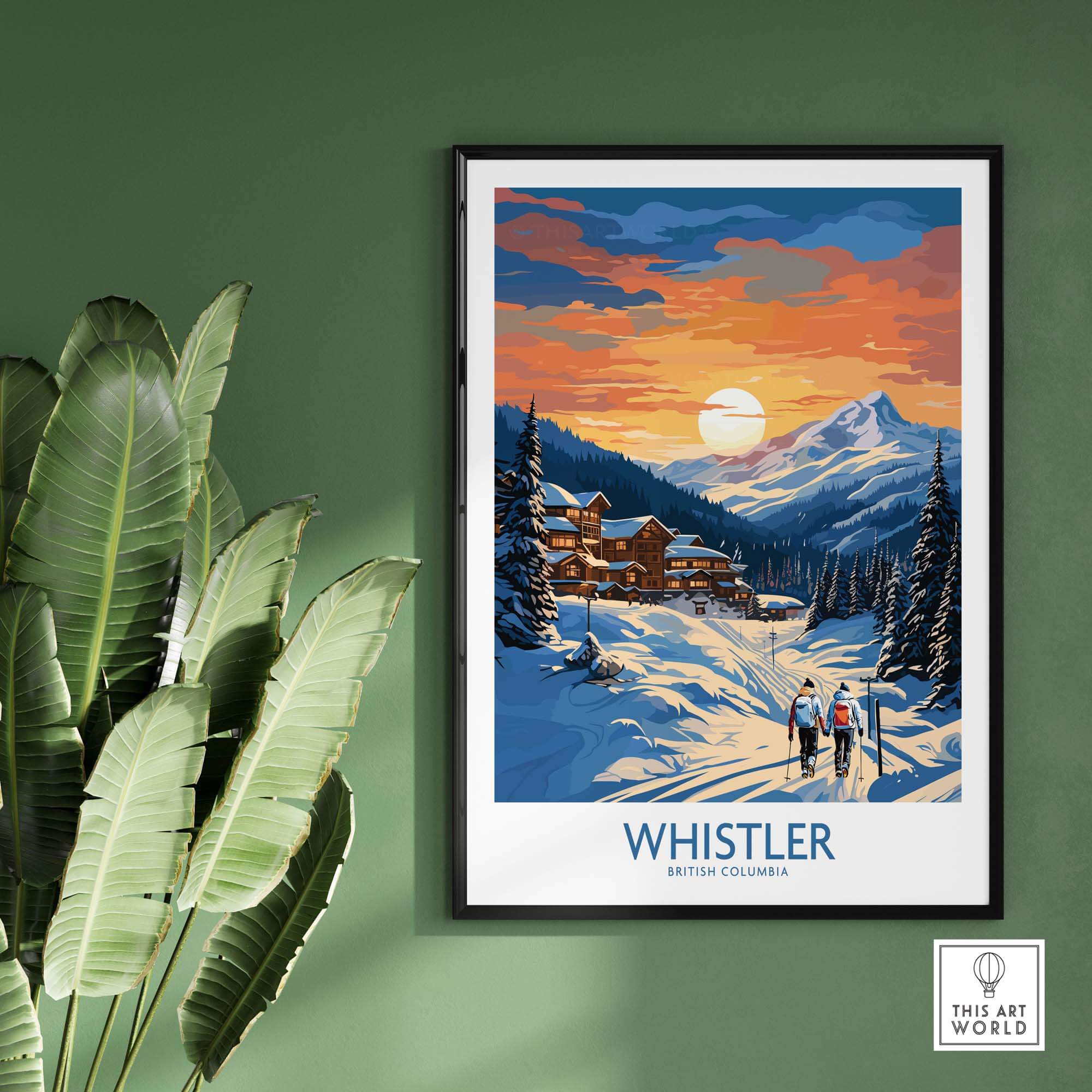 Whistler Print poster showcasing scenic ski resort landscape with sunset, perfect for home decor.