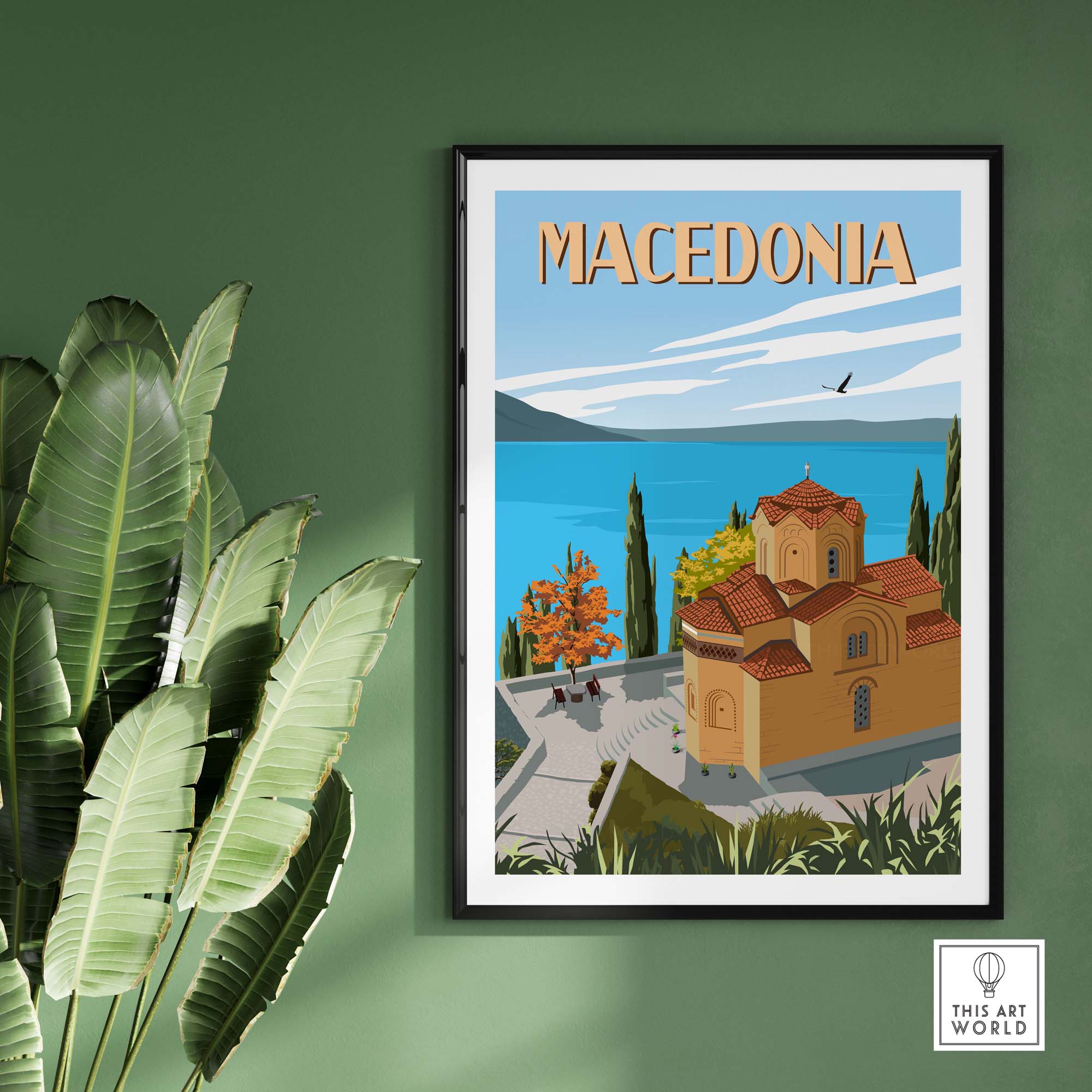 Vibrant Macedonia travel poster print featuring a scenic landscape with a charming building and blue waters.