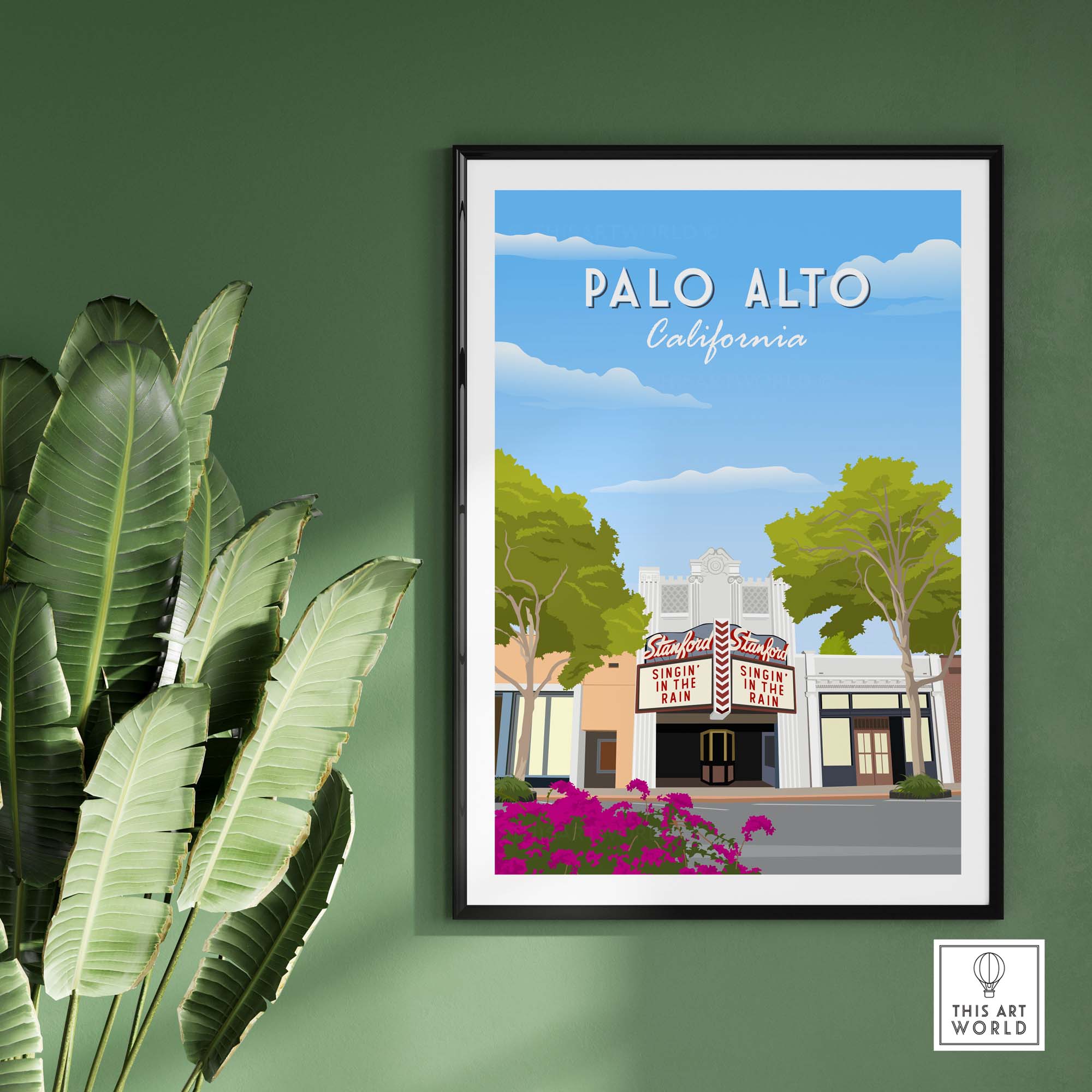 Palo Alto California travel poster print showcasing the iconic Stanford theatre, perfect for adding California charm to your home.