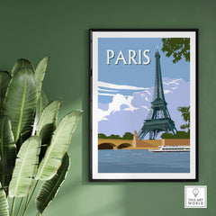Eiffel Tower Paris travel poster print displayed in a stylish setting with greenery, perfect for home decor.