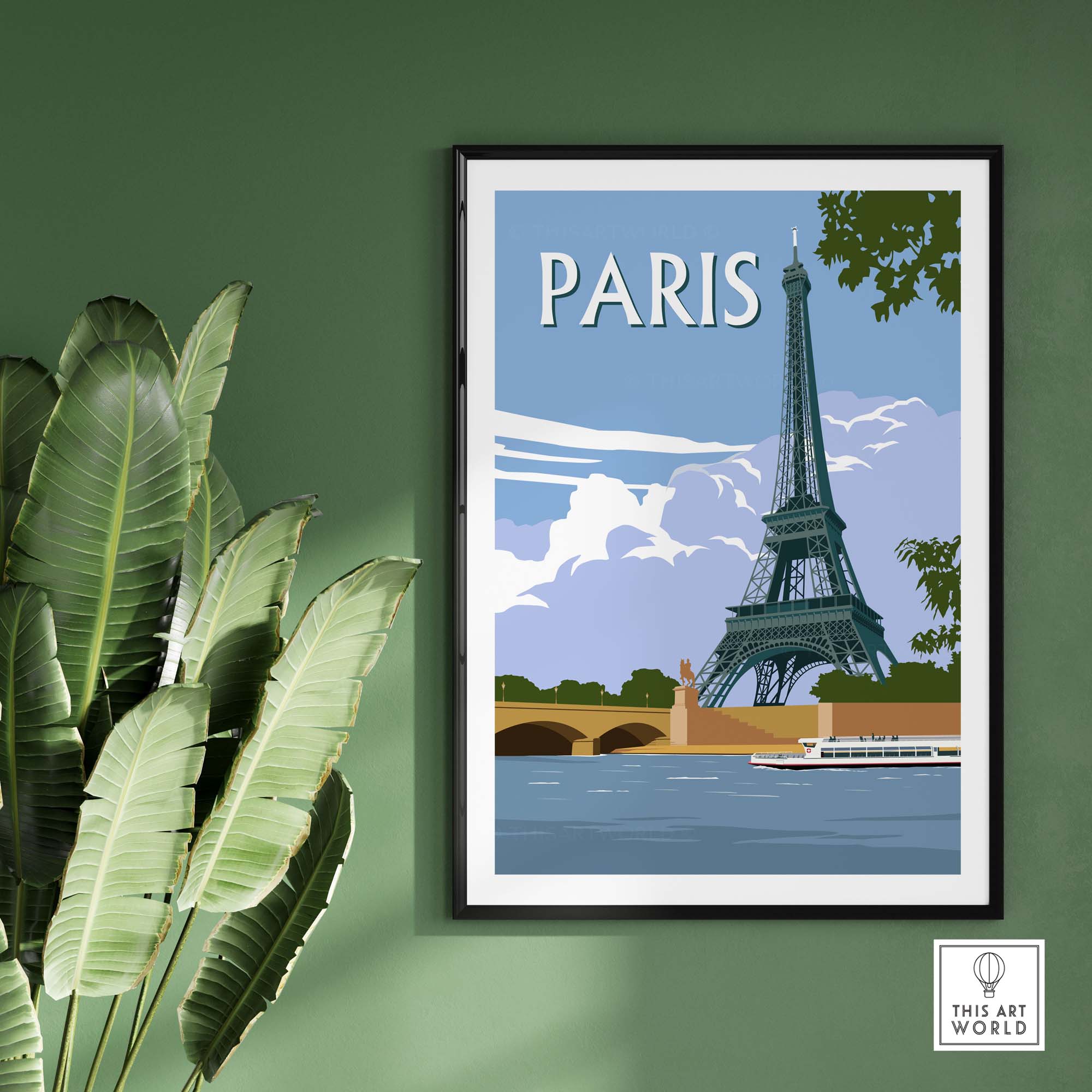 Eiffel Tower Paris travel poster print displayed in a stylish setting with greenery, perfect for home decor.